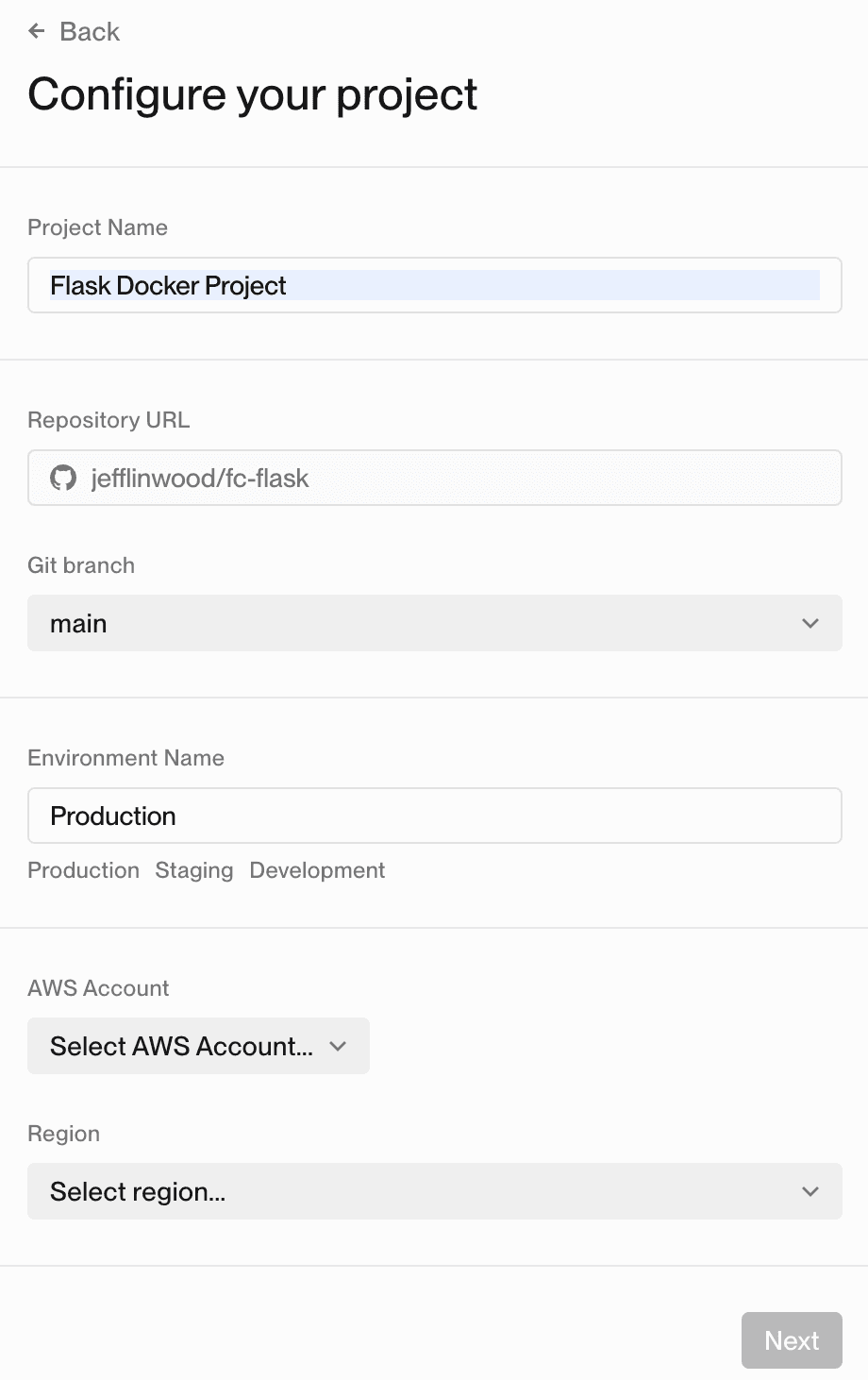 Configure your project dialog box in the dashboard