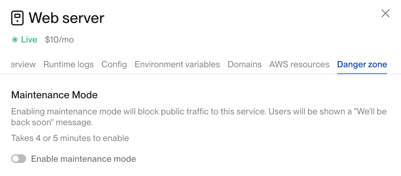 Enabling Maintenance Mode from the Service Danger Zone