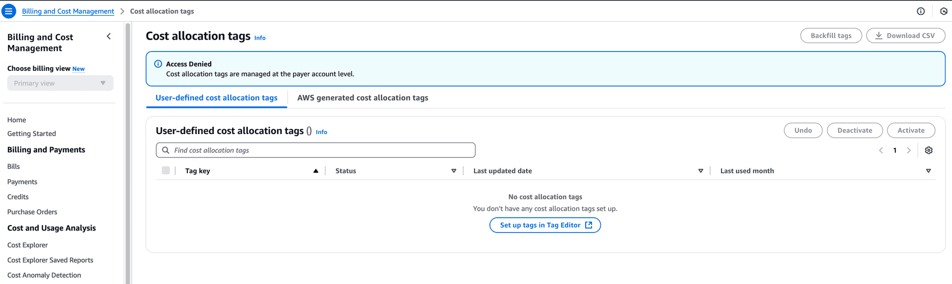 Sub-account access denied error in AWS Cost Explorer