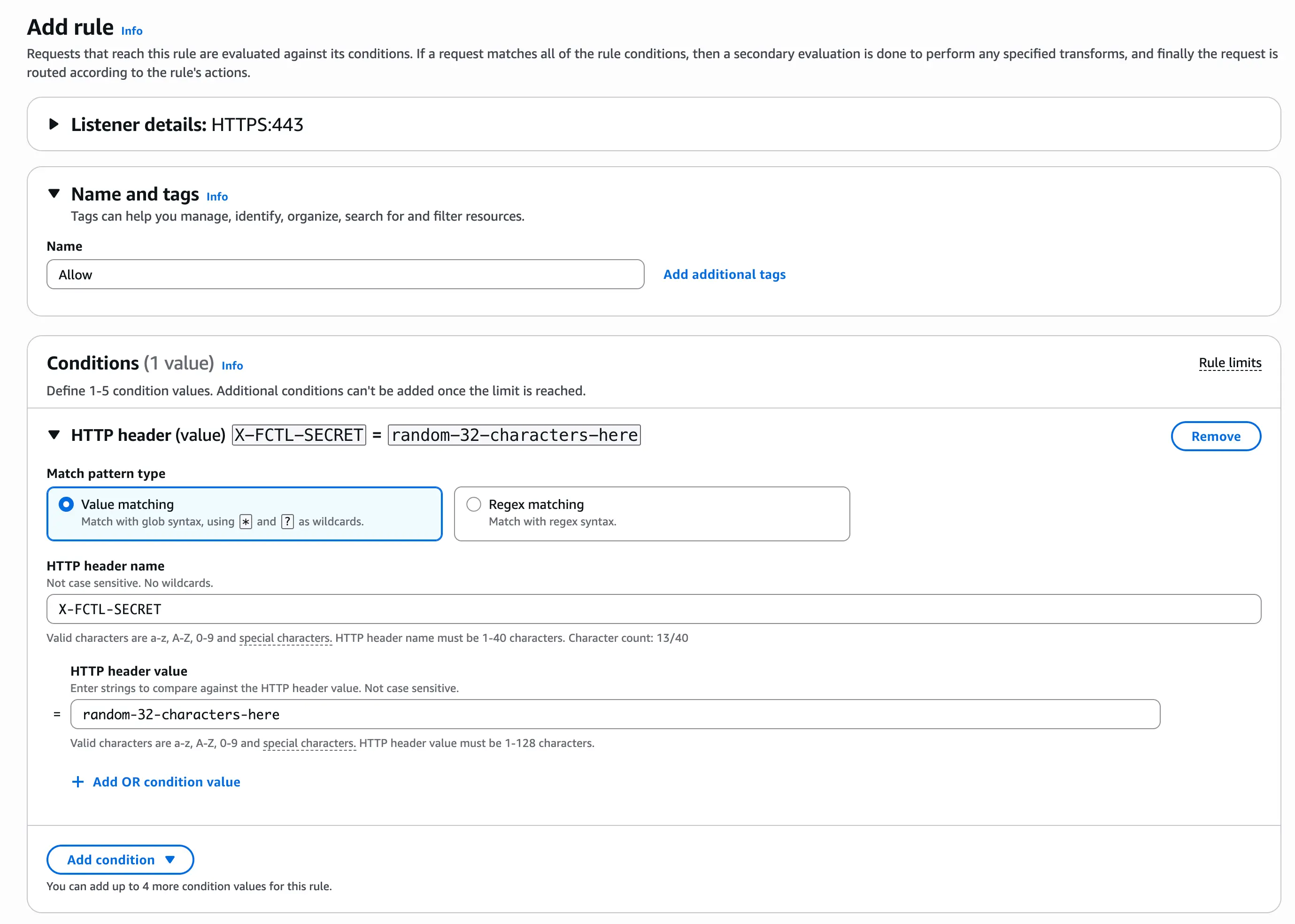 ALB listener allow rule for secret header